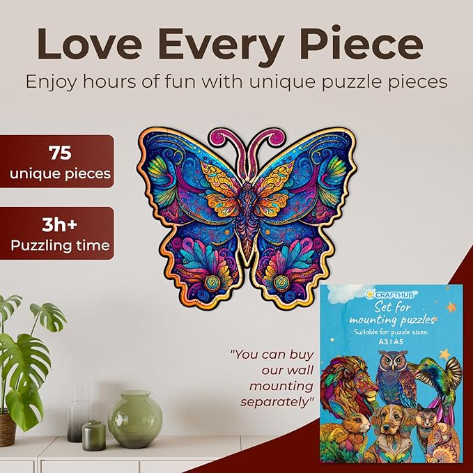 CRAFTHUB Animal Wooden Puzzles for Adults – A4 Galaxy Butterfly with 75 Pieces Wood Puzzles – Jigsaw Puzzles with Unique Animal Shapes – 9.1" x 7.6"