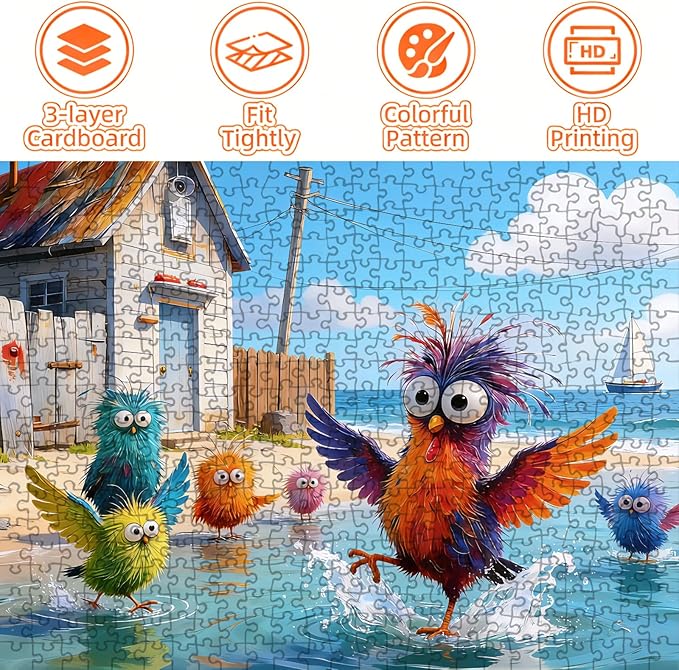 Beach Birds Puzzles for Adults 500 Pieces, Cute Cartoon Colorful Seabird Jigsaw Puzzle with Letters on Back, 21x15 Inch Family Game Night Puzzle, Fun Gift for Puzzle Lovers