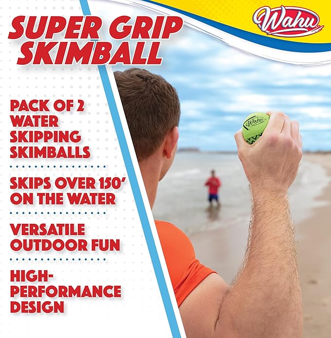 Wahu Super Grip 100% Waterproof Skimball Set, Pack of 2 Water Skipping Balls for Pool and Beach, Skips Over 150' on Water, Green/Orange