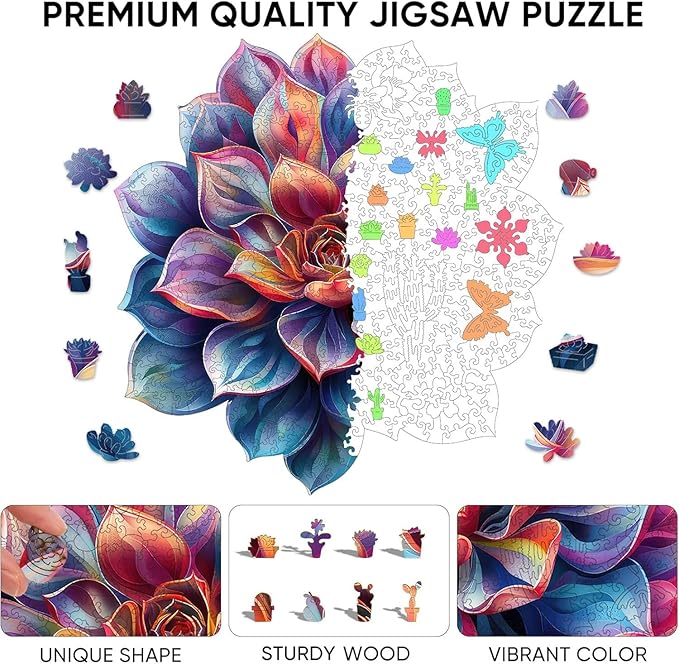 Reouinty Wooden Puzzles for Adult 500 Piece, Flower Succulent Puzzle for Girl and Women, Challenging Puzzle, Wood Puzzle Wall Decor, Unique Shaped Wood Puzzles Piece, Gift for Family Game 16.5x16.7 in