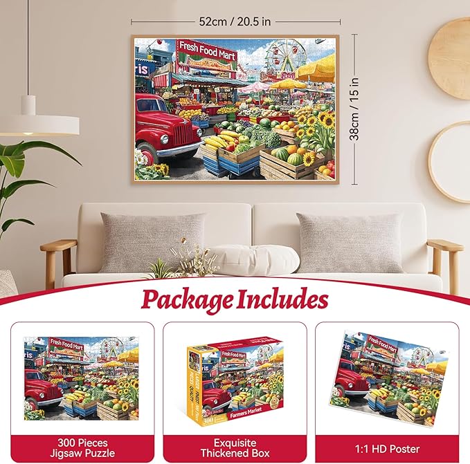300 Piece Puzzle for Adults – Farmer’s Market Jigsaw Puzzle with Fresh Fruits – Recycled Paper Puzzle, Relaxing Family Activity Game, for Adults, Seniors (20.5" x 15)