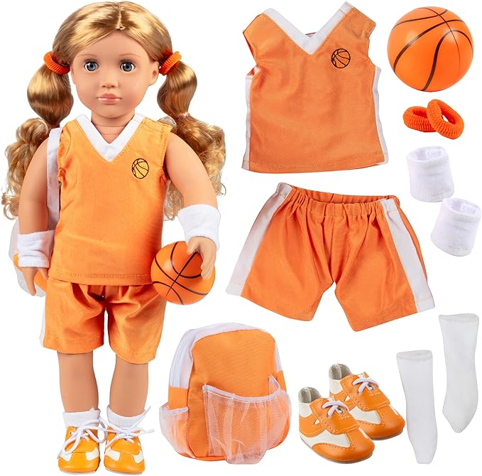 Girls Basketball Uniform 8pc Doll Outfit- Includes Basketball, Sneakers, Jersey, Shorts, Backpack & More- Handmade Outfit & Accessories Compatible with 18" American Girl Doll- Gift for Girls, Birthday