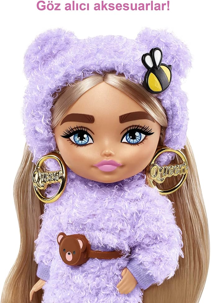 Barbie Extra Minis Doll #4 (5.5 in) Wearing Fluffy Purple Fashion, with Doll Stand & Accessories Including Teddy Ears and Sunglasses, Gift for Kids 3 Years Old & Up