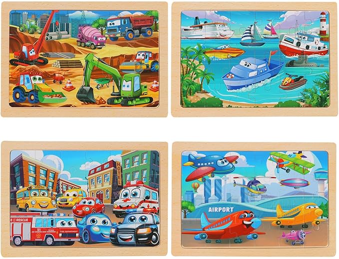 Puzzles for Kids Ages 4-6 – 24-Piece Toddler Puzzles Set (4 Packs) – Construction & Vehicle Learning Activity Toys for Boys & Girls, Perfect Preschool Wooden Puzzles for Toddlers 3-5