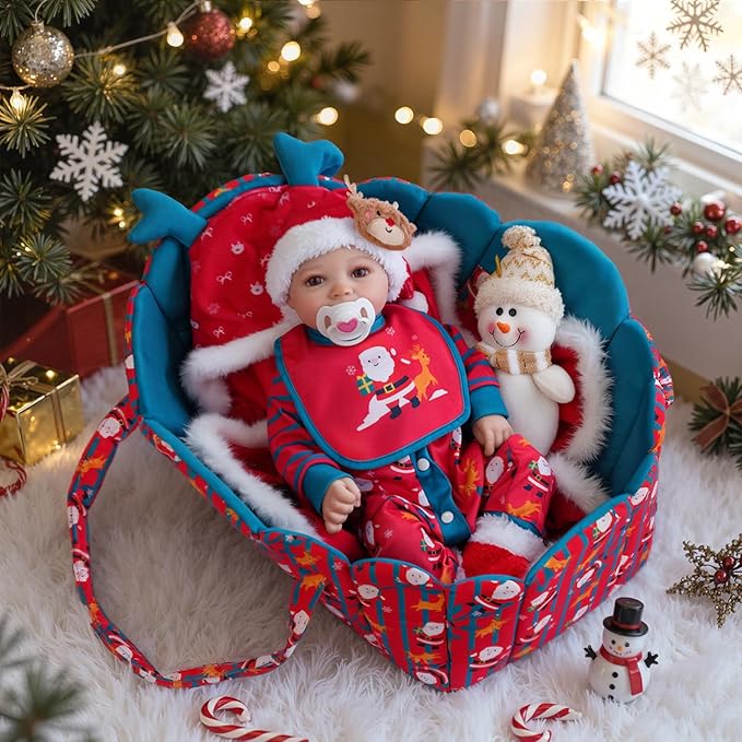 BABESIDE 8 Pcs Christmas Reborn Baby Doll Clothes Set with Bassinet for 17–22 Inch Babydolls, Dolls Santa Outfit with Doll Blanket and Baby Dolls Accessories, Ideal Gift for Kids 3+