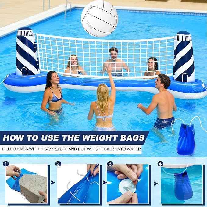 Inflatable Pool Games Volleyball Net Pool Float Set with 19" Beach Ball, Lighthouse Design – Floating Swimming Water Sports Toys for Adults, Perfect for Summer Pool Party Supply (112"X26"X35")