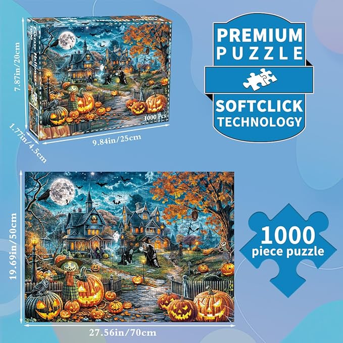 Halloween Puzzle for Adults 1000 Pieces Bats Full Moon Haunted House Witches Pumpkins Jigsaw Puzzles for Adults 1000 Piece Dark Fantasy Halloween Scene