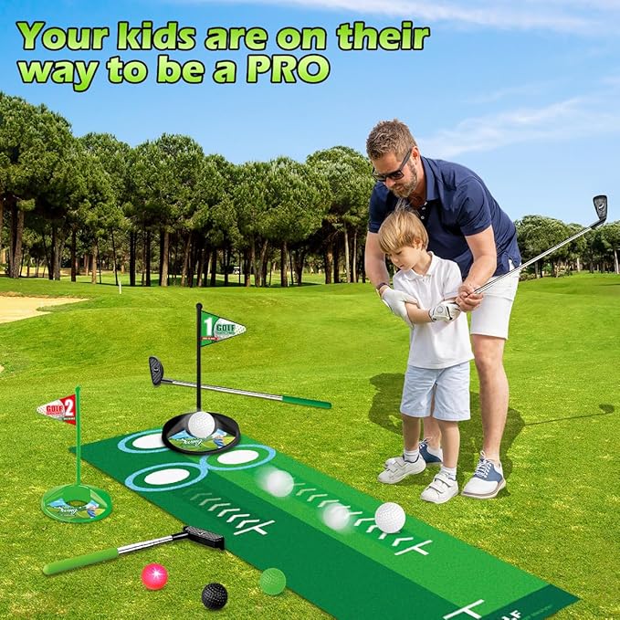 Upgraded Kids Toy Golf Set with Dinosaur Automatic Golf Returner, Led Light Up Night Golf Balls, 3 Clubs, Putting Mat, 3-8 Toddler Mini Golf Games, Indoor Outdoor Sports Toys for Boys Girls