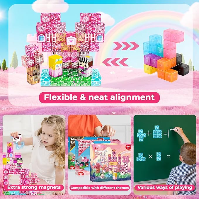 Magnetic Blocks - 100 PCS Transparent Magnetic Building Block for Kids, Pink Princess Castle Magnet Cubes Sets, Princess Toys for Girls Ages 3 4 5 6 7 8-12 Birthday Gifts, Easter Basket Stuffers