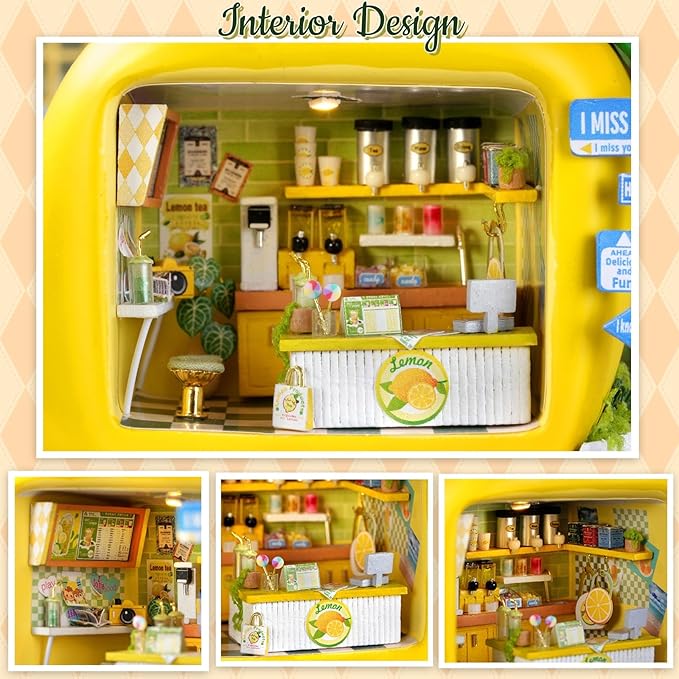 TuKIIE DIY Miniature House Kit with Furniture, 1:100 Scale Creative Room Mini Wooden Dollhouse Book Nook for Kids Teens Adults(Lemon Beverage Shop)