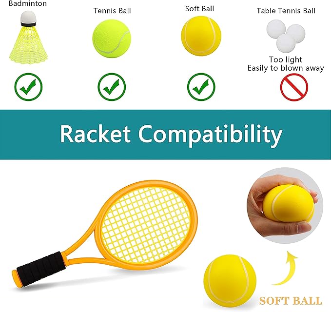 Crefotu Kid Tennis Racket Set for Toddler,Children,Sponge Handle, includes 6 Badminton, 1 Tennis Ball, Bag and 2 Balls - Increase Children's Sports,Improve Tennis Skills
