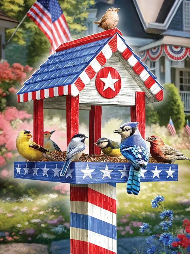 Ceaco - Large Piece Jigsaw Puzzle- Larry Jones - Patriotic Birdhouse - Relaxing and Fun Activity for Adults