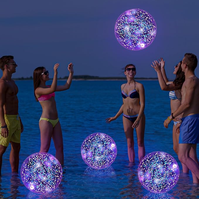 12 Pack 12 Inch Glow in The Dark LED Beach Ball Jumbo Confetti Glitters Inflatable Ball Swimming Pool Game for Party Pool Summer