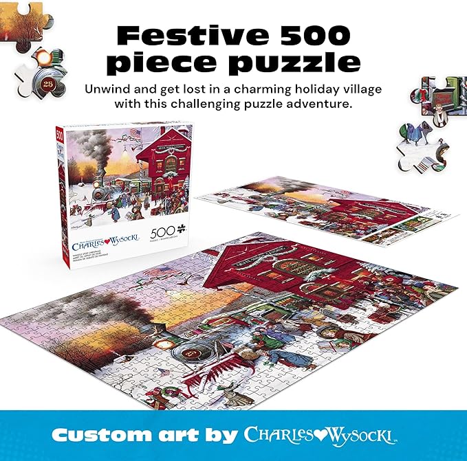 Buffalo Games - Whistle Stop Christmas - 500 Piece Holiday Puzzle for Adults - Charles Wysocki Jigsaw Puzzles - Festive Train Scene with Poster – 500 Colorful Pieces