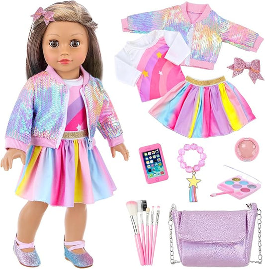 UNICORN ELEMENT American 18 Inch Doll Makeup Accessories and Clothes,Sequin Backpack Set for 18" Dolls Include Skirt Bracelet Hair Clip Phone and Makeup Sets（No Doll and Shoes