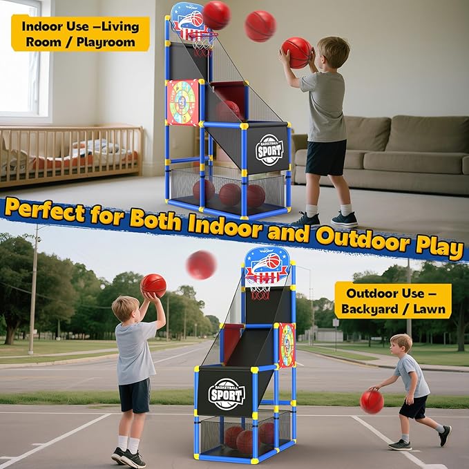 EagleStone 2-in-1 Kids Arcade Basketball Hoop with Dart Board,4 Balls Adjustable Height Basketball Toy Indoor Outdoor Carnival Games Gift for Boys Girls Toddlers Ages 3-6 Years Old,Pump Included