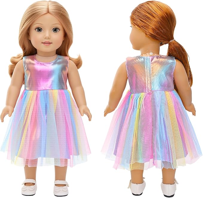 BARWA Doll Clothes and Accessories for 18 inch Dolls Mermaid Casual Tutu Dress, Outfits, Swimsuit, Underwear… (J: 2 pcs Rainbow Tutu Dresses)