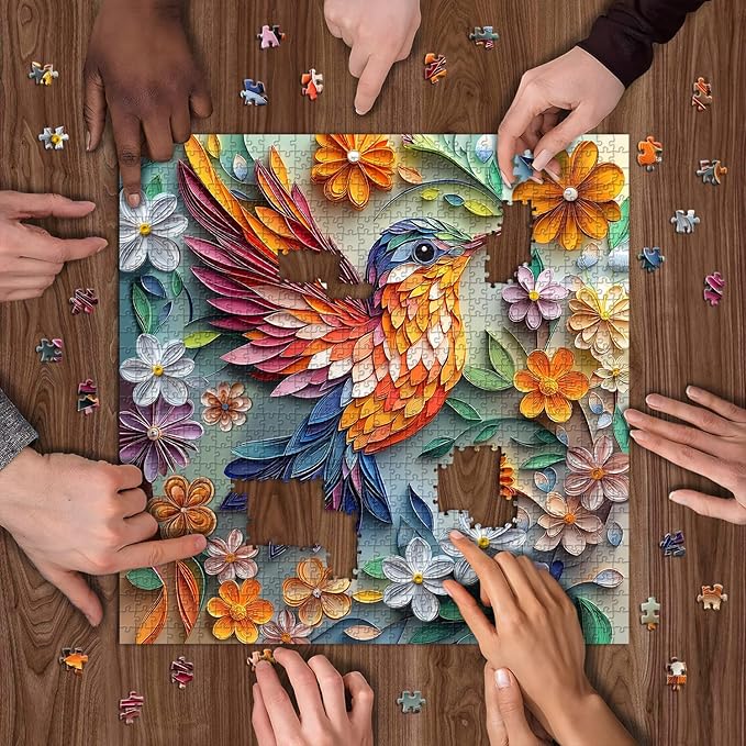 Hummingbird 1000 Piece Puzzle for Adults, PICKFORU Bird Flower Jigsaw Puzzle 1000 Pieces, Quilling Paper Cut Art Puzzles, Challenging Floral Garden Puzzle as Wall Decor