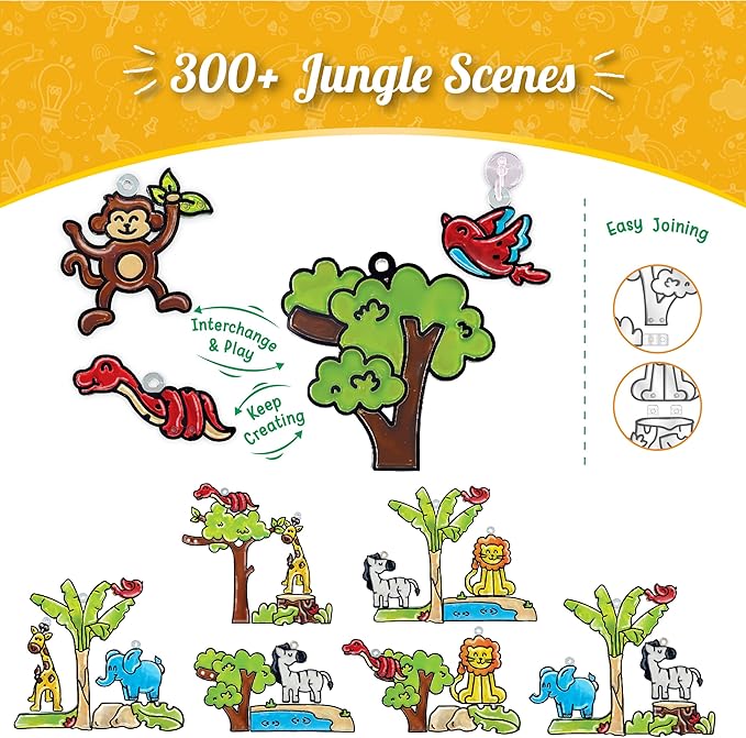 Imagimake Window Art Jungle | 16-Piece Glass Paint & Suncatcher Kit | Craft & Discover Animals | 5 Year Old Boy Gifts | Birthday Gifts for Boys & Girls Ages 5,6,7,8,9,10,11,12 | Easter Gifts for Kids