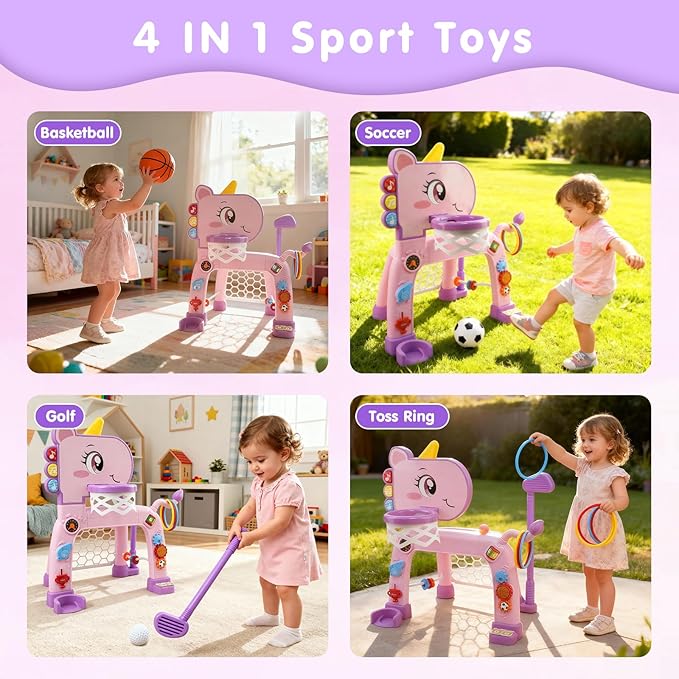 Toddler Basketball Hoop & Soccer Goal Activity Center with Golf Ring Toss, 4 In 1 Toddler Sport Toy with Light & Bilingual Music, Montessori Toy for 1 Year Old Girl Gift (24.2''-27.6'' H)