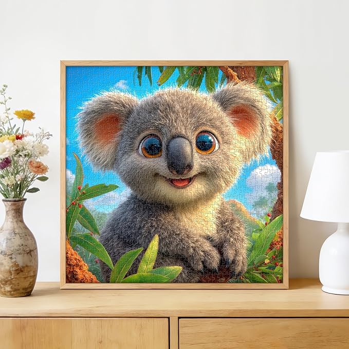 Adorable Koala 1000 Piece Puzzle for Adults - Cute Australian Wildlife Art, Eucalyptus Tree Scene, Poster & Lettered Back, 22.8" Square HD, Gift for Animal & Nature Lovers