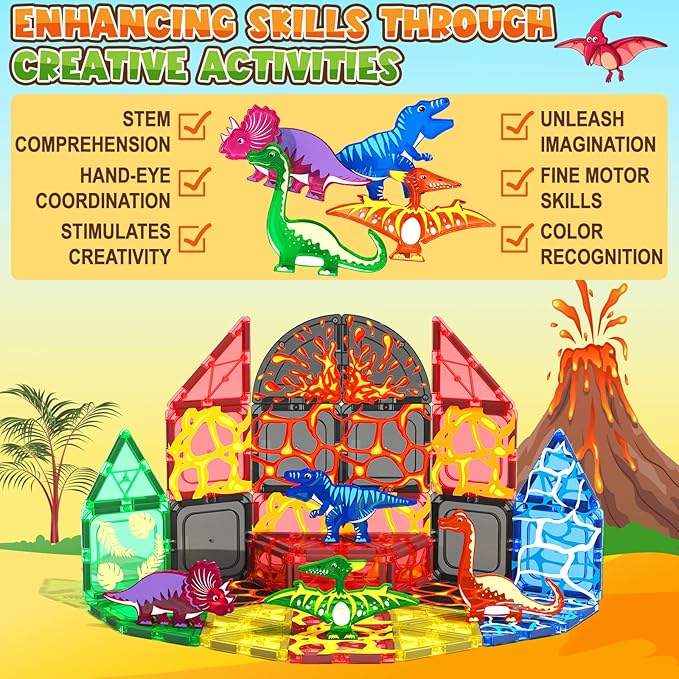 Coodoo Dinosaur Toys Magnetic Tiles Lava Dinosaur World Set - Magnetic Blocks Building for Kids 3-5 5-7 Girls Boys Toy Age 4-6 6-8, Classroom Must Haves Toddler Sensory for 3+ Year Old Kids Toys