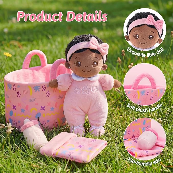 OUOZZZ 10" Black Baby Doll for 2 Year Old Girls Set with Soft Doll, Bassinet, Blanket and Bottle, Interactive Pretend Playset for Social Emotional Learning, Birthday Gift for 2 Year Olds Girls