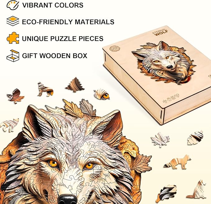 Wooden Puzzles for Adults, Eternal Wolf Jigsaw Puzzles, 70 Piece Unique Animal Shaped Puzzle, Animal Shape Puzzle, Gifts for Adults/Friends, Family Game，Wall Decor(8.5 * 6.9in)