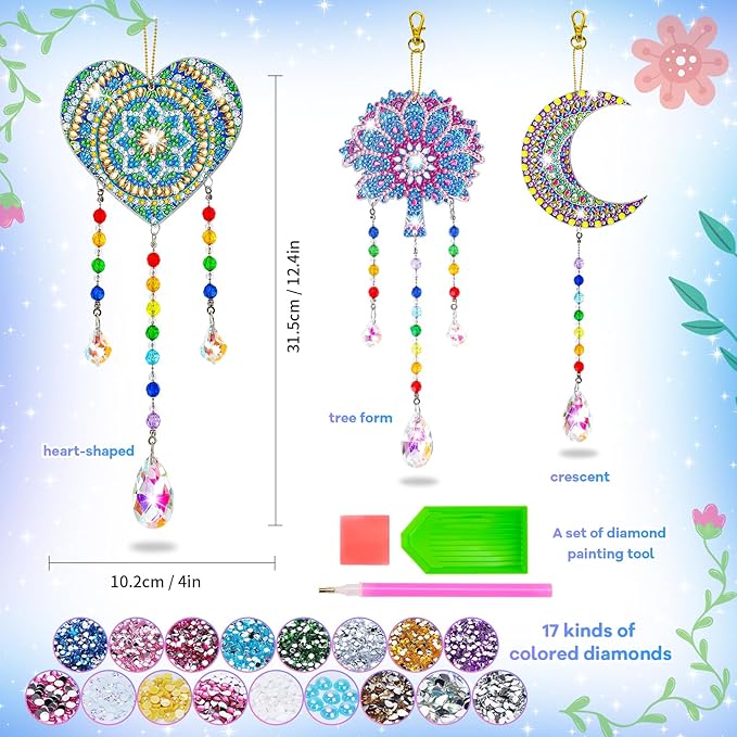 Diamond Art Kits for Kids Ages 6-12: Birthday Gifts for 7 8 9 10 Year Old Girls Teens Creative Arts & Crafts for Girls Boys DIY Wind Chime & Suncatcher Craft Kit Crystal Window Garden Decor Kit
