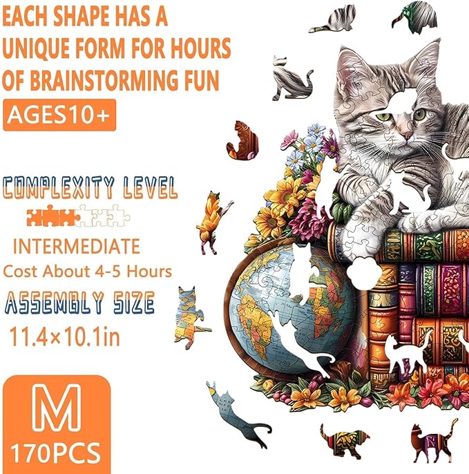 Wooden Puzzles for Adults - Dr. Cat Puzzle for Adults, Unique Shape Wooden Jigsaw Puzzle, Wood Puzzles Adult, Good Gift Idea for Cat Lovers, Home Decor (M-11.4 * 10.1in-170 Pieces)
