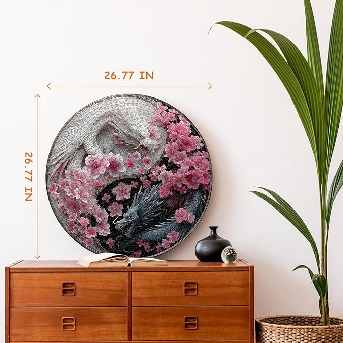 PICKFORU Dragon Puzzles for Adults 1000 Pieces, Fantasy Dinosaur Round Puzzle Flower Yinyang Animal, Floral Circle Unique Art Challenge Jigsaw Puzzle