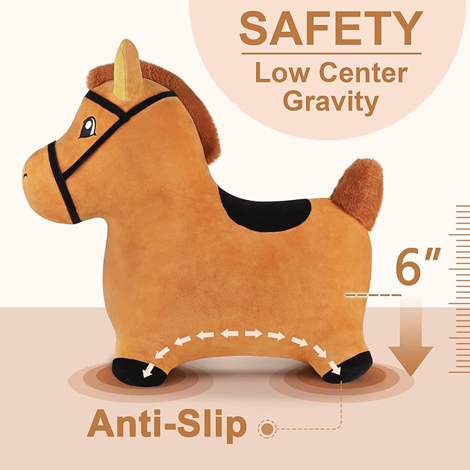 iPlay, iLearn Bouncy Pals Brown Hopping Horse, Toddler Plush Animal Hopper Toy, Kids Inflatable Ride on Bouncer W/Pump, Indoor Outdoor Jumper, Birthday Gifts for 18 24 Months 2 3 Year Old Boys Girls