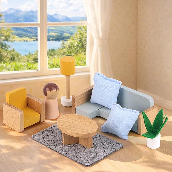 PairPear Wooden Toys Dollhouse Furniture Playset,Natural Wood Pretend Play Furnitures with Family Dolls,Dollhouse Accessories Toys Gift for Girls and Boys 3 Year and Up