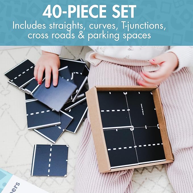 Learn & Grow Magnetic Tiles Road Expansion Pack - 40PCs Road Toppers Set for Cars, STEM Learning & Building Toy - Magnetic Tile Accessories for Kids 3+, Toddler - Add Car Roads to Any Magnet Tiles Set