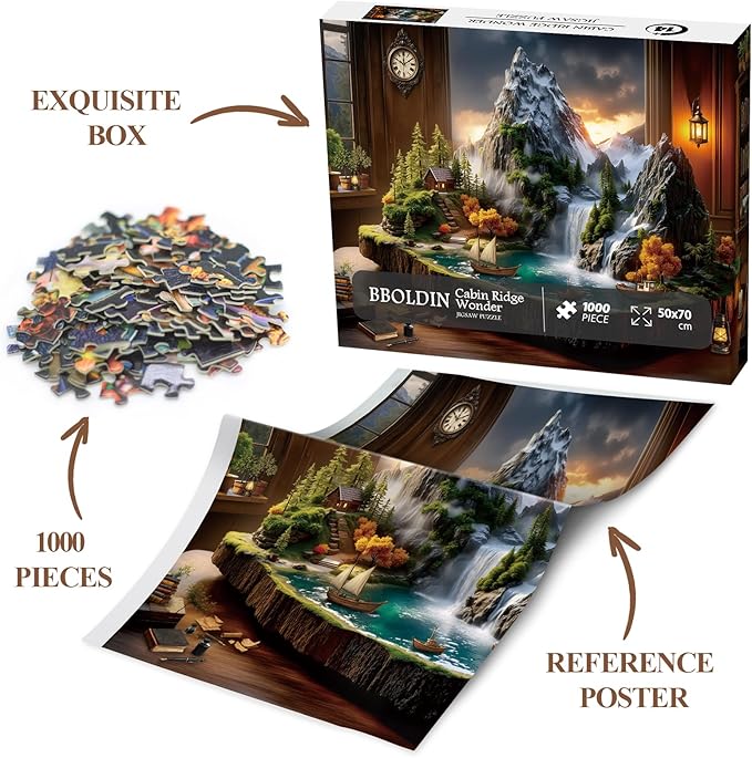 Cabin Mountain Landscape Puzzles for Adults 1000 Pieces, 3D Nature Lake Scenic Jigsaw Puzzle, Fantasy Waterfall Boat Puzzle