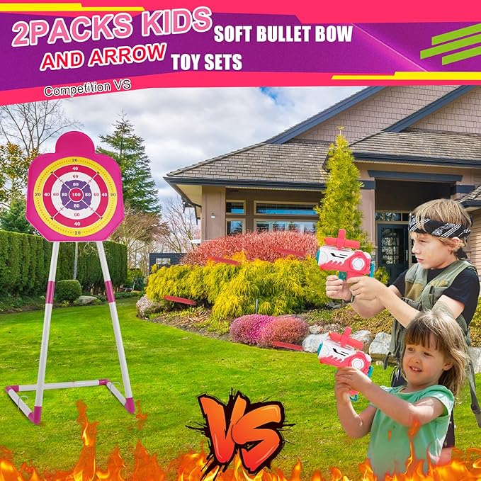 TWFRIC 2 Pack Bow and Arrow for Kids - LED Light Up Archery Set with 16 Arrows, 1 Standing Target & 2 Quivers - Fun Indoor/Outdoor Toy for Boys & Girls Aged 3-12 (Pink)