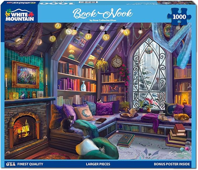 White Mountain 1000 Piece Jigsaw Puzzle Cozy Library Corner Puzzles with Large Pieces for Adults and Family 24"x30" - Book Nook
