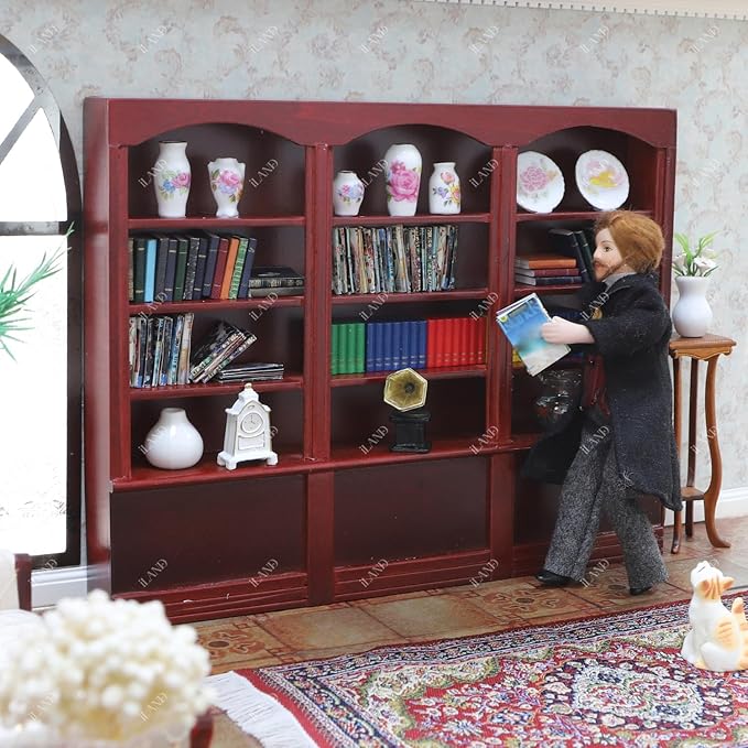 iLAND Dollhouse Bookshelf 1/12 Scale Dollhouse Furniture Mini Wooden Bookshelf for Miniature Books Mini Bookcase 1/12 Scale Accessories Mini Library Doll House Living Room Books Shelf Miniature Gifts