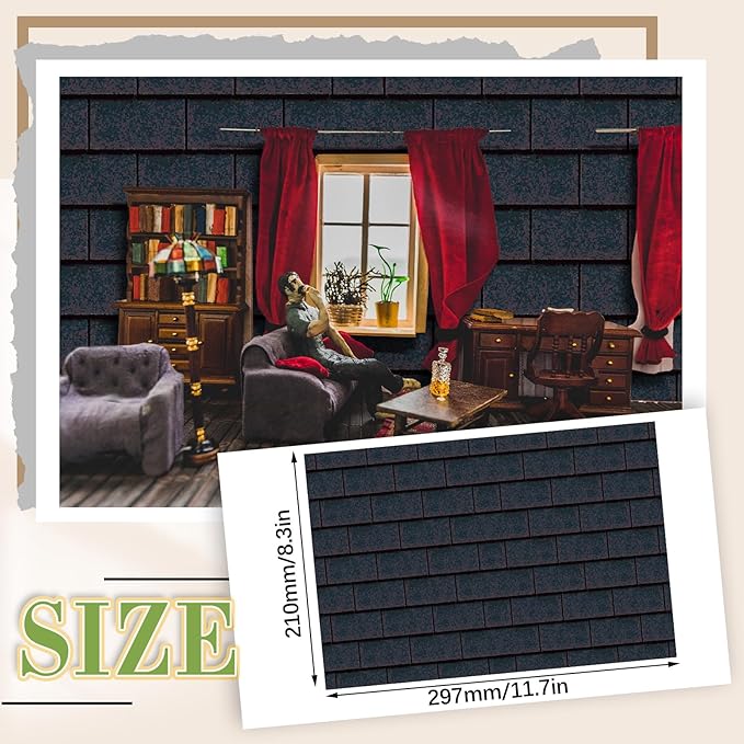 Flutesan 12 Pcs Miniature Dollhouse Wallpaper and Flooring Peel and Stick Mini DIY Self Adhesive Dollhouse Accessories 8.27 x 11.69 Inch (Roof Shingles Black Rectangular)
