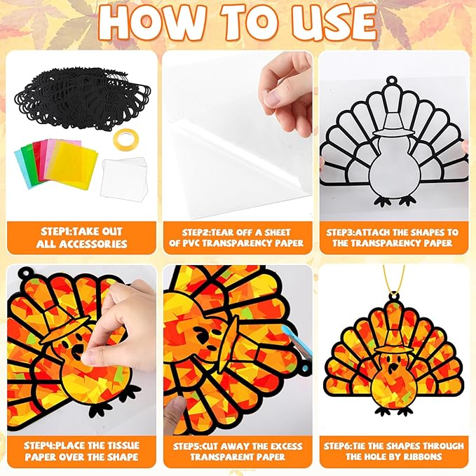 32 Sets Thanksgiving Turkey Suncatchers Craft Kit DIY Window Stained Glass Effect Thanksgiving Turkey Paper Crafts Home School Classroom Decoration Kid Birthday Gift Creative Art Project Activity Game
