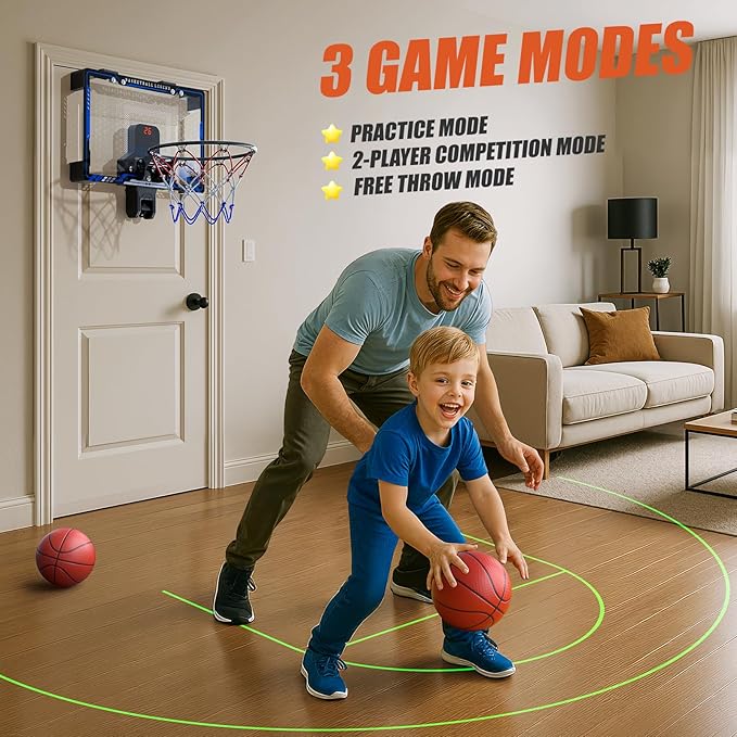 HopeRock Indoor Mini Basketball Hoop for Kids, Basketball Hoops Over The Door with LED Lighting, Mini Hoop with Scoreboard & 3 Balls, Basketball Toys Gifts for 5 6 7 8 9 10 11 12 Year Old Boys Girls