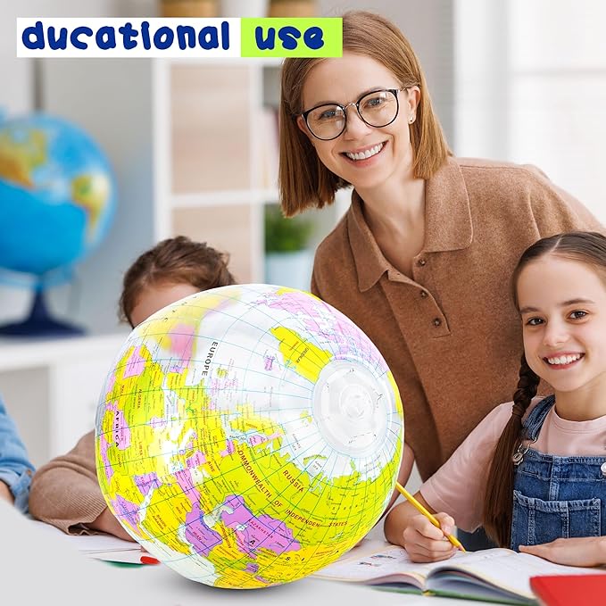 16 inches Inflatable Globe Blow up World Globe PVC Earth Beach Ball Globe Toys for Kids Swimming Pool Game Classroom Playing or Teaching Party Favors Decorations