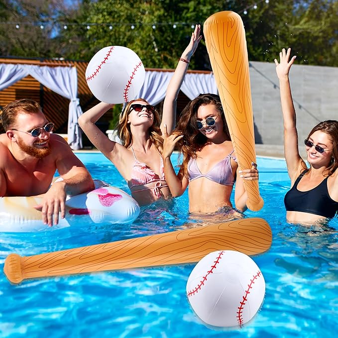 9 Pack Inflatable Bat Set Include 6 Pcs 32 Inch Blow up Baseball Bat and 3 Pcs Ball Inflates Inflatable Wood Grain Bat for Summer Pool Sports Theme Birthday Party Favors