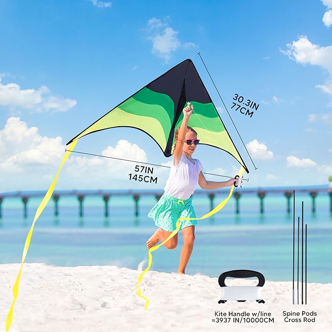 SYNCFUN Large Delta Kite Gradient Green– Easy to Fly for Kids and Adults, Beach Kite with 328 ft String for Outdoor Games and Activities