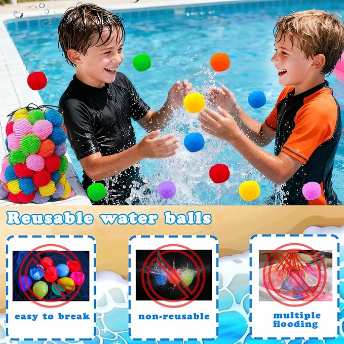 100PCS Reusable Water Splash Balls,2.4 Inch Soft Soaker Balloons Fake Snowballs for Kids Outdoor Water Fight Games,Pool Backyard Fun with 1 Mesh Bag