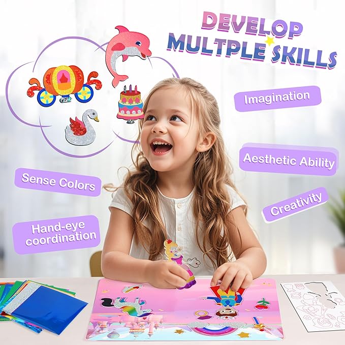 URMYWO Fun Foil Art Craft Supplies Kits, Princess Arts and Crafts for Kids Ages 4-8, No Mess DIY Creative Activity Sticker & Coloring Books, Travel Toys, Gifts for 4 5 6 7 8 9 10 Year Old Girls Boys