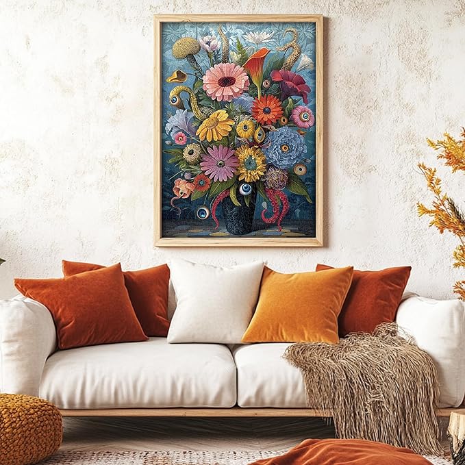 PICKFORU Horror Vase Jigsaw Puzzles 1000 Pieces, Scare Gothic Eyes Flower Puzzles for Adults, Vintage Difficult Unique Puzzle as Wall Decor