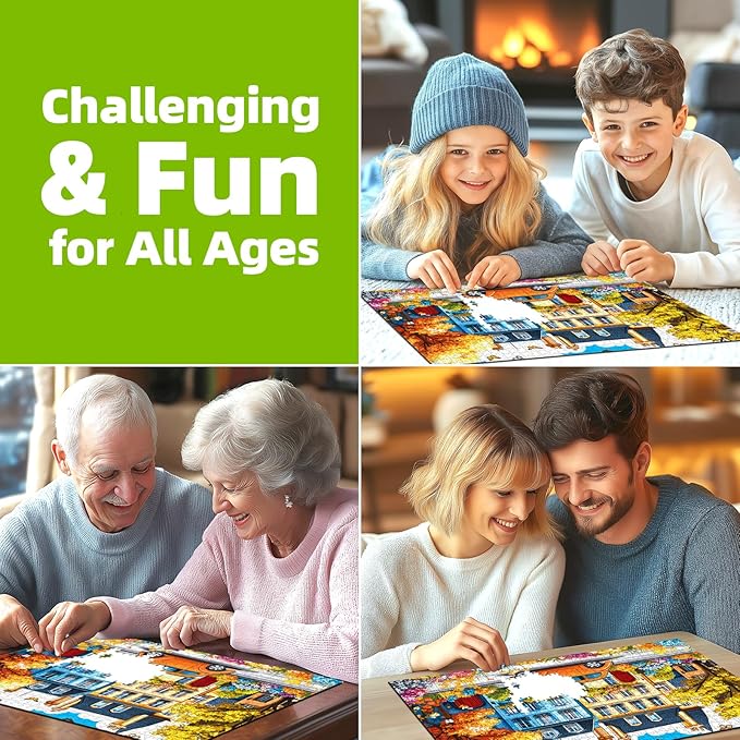 Autumn Town 300 Pieces Puzzle for Adults Colorful Houses Beautiful Fall Scenery Jigsaw Puzzles with Foliage, Butterflies, and Blooms Letters on Back Family Senior Challenge Game Night