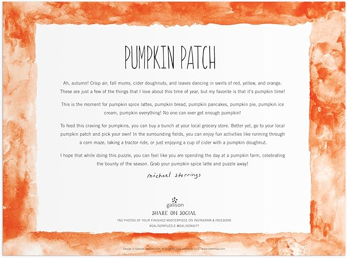 Galison Pumpkin Patch – 1000 Piece Michael Storrings Jigsaw Puzzle Featuring Beautiful Artwork of A Pumpkin Patch During A Fall Day