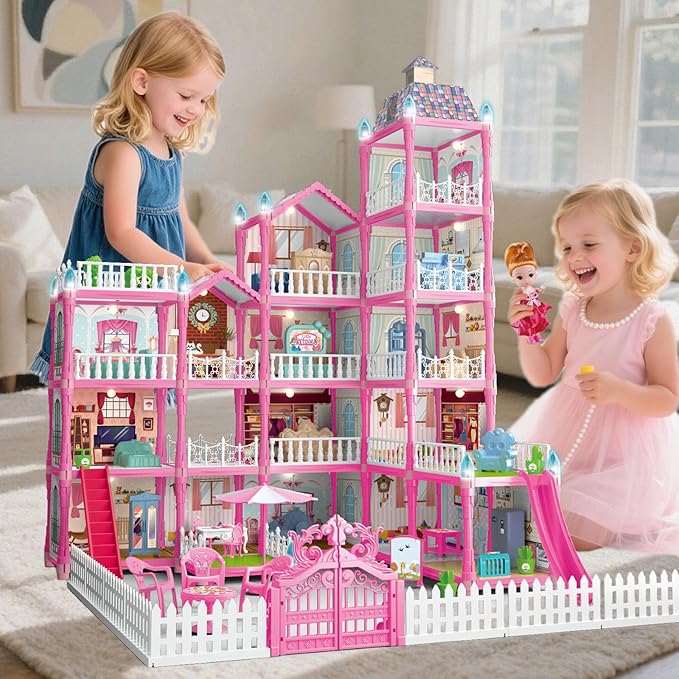 Villa Toys for Girls, 5 Stories 16 Rooms Villa Playset with Dolls, Lights, Furniture, Slide Accessories, DIY Pretend Toddlers House kit for 3 4 5 6 7 8 9 10 Year Old Kids (Pink)